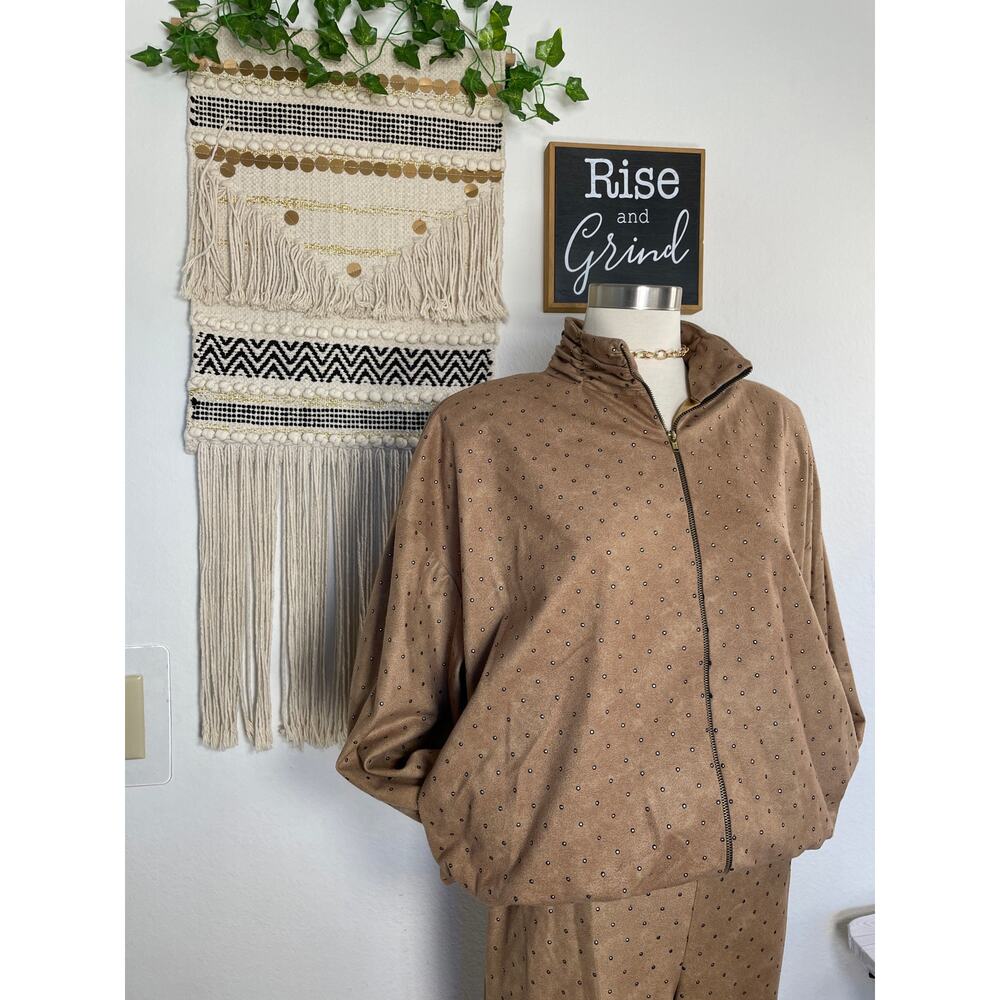 Cache Vintage Caramel Studded Set Satin Lined Bomber Jacket Stretch Pant Suit M